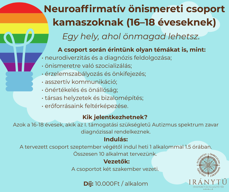 Neuroaffirmatív önismereti csoport kamaszoknak (16–18 éveseknek)